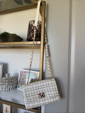 Badgley Mishka Tweed Chain Shoulder Bag with Pearl Detail